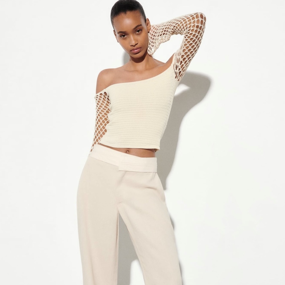 ZARA pointelle knit top SZ sm beige (brand new never worn)